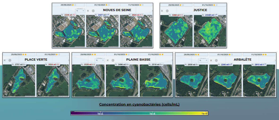 Vue satellite des lacs de l'Essonne indiquant des concentrations relativement faibles de cyanobactéries - Agrandir l'image, fenêtre modale
