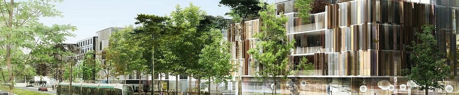 Vue d'architecte avec tram, route et piste cyclable, immeubles et verdure