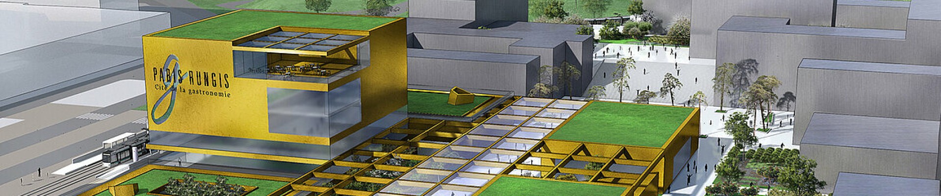 Vue d'architecte future cité, architecture dépouillée et angulaire