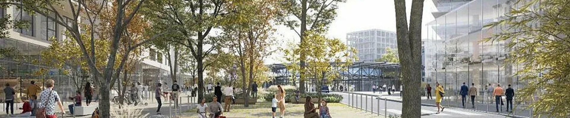 Vue d'architecte place ombragée où flânent des habitants de tous âges, immeubles en fond