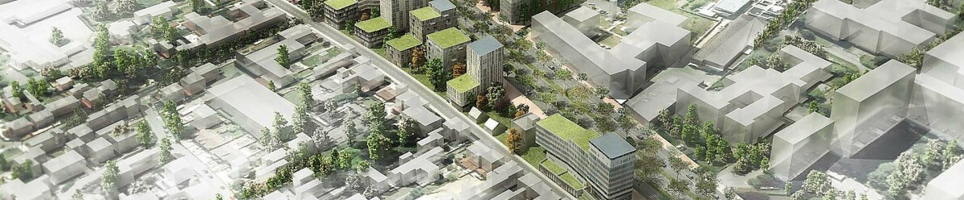 Vue d'architecte aérienne quartier avec immeubles à dominante verte