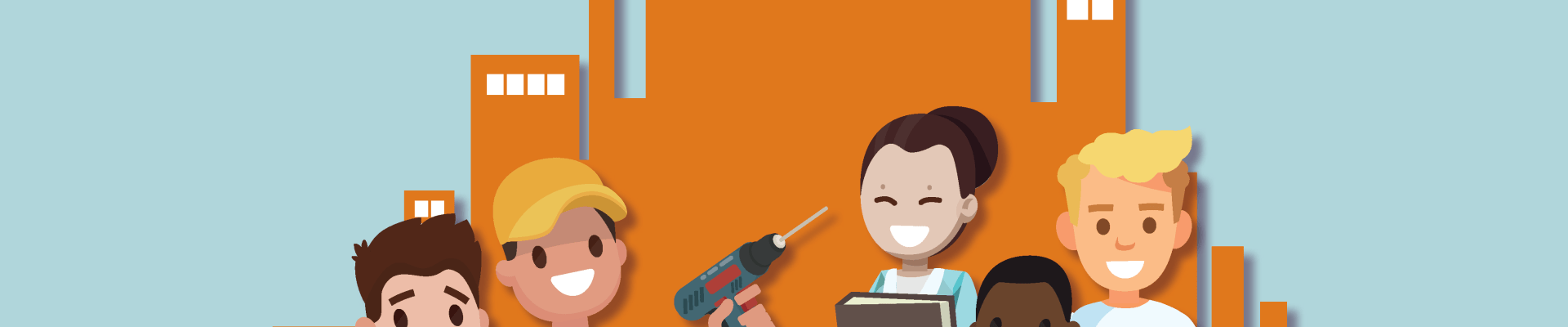 Des personnages des tous âges devant des silhouettes d'immeubles et maisons