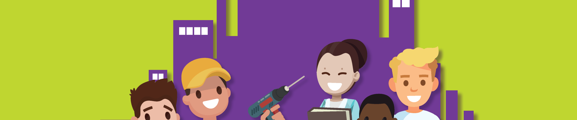 Personnages de tous âges devant des silhouettes d'immeubles et de maisons