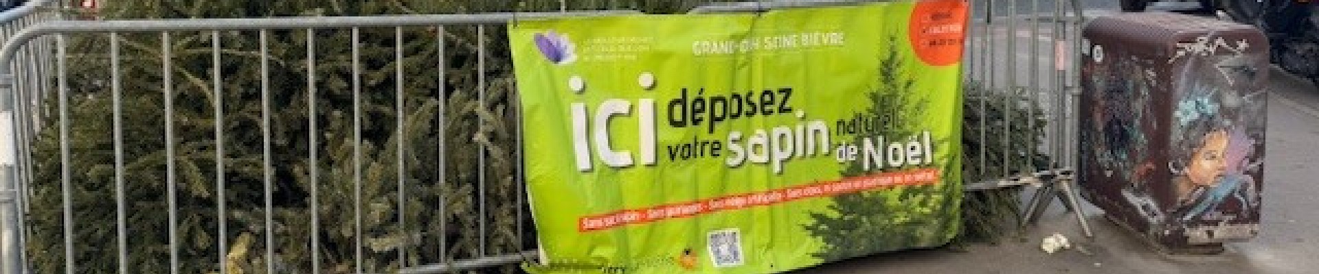 Des sapins couchés, circonscrits par des barrières : devant, une bannière verte indique "ici déposez votre sapin de Noël"