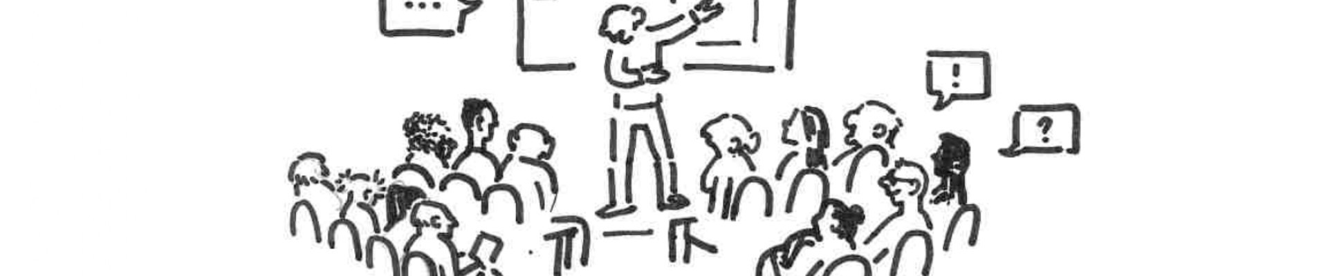 Dessins montrant les différentes étapes de la collection écomuséale : la phase de recherche, celle de valorisation, celle d'assemblée et de vote