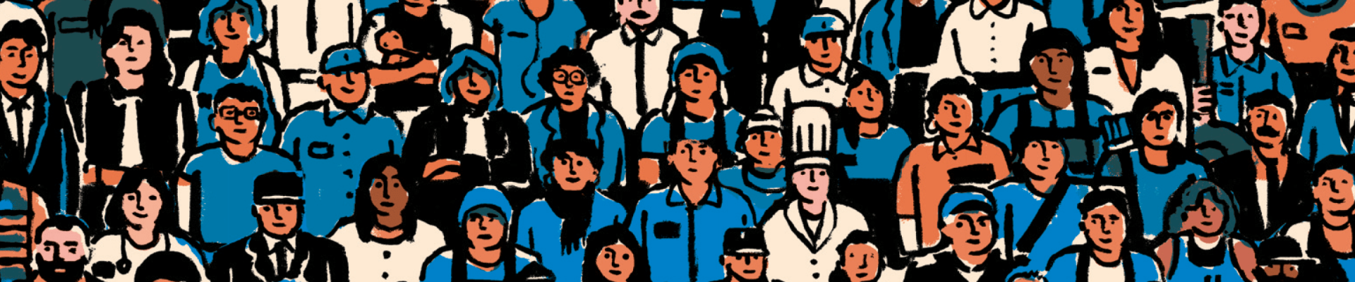 Foule de personnages dessinés, représentant les acteurs du service public (infirmier, enseignant, postier, policier, etc.)