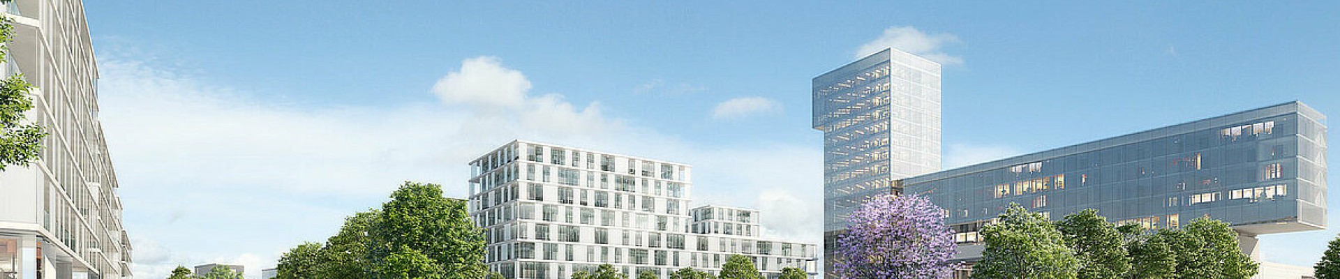 Vue d'ensemble futur quartier avec gare et place ombragée