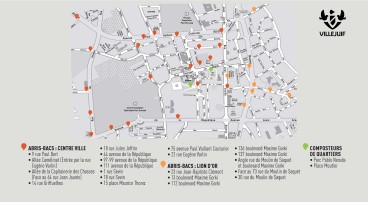 Carte d'implantation des abris bacs de collecte des biodéchets à Villejuif, centre-ville et quartier Lion d'Or - Agrandir l'image, fenêtre modale