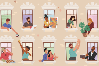 Dessin de gens souriants aux fenêtres d'un immeuble