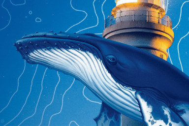 Illustration d'une baleuine et d'un phare, sur une cartographie marine