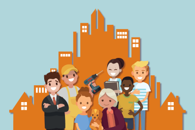 Des personnages des tous âges devant des silhouettes d'immeubles et maisons