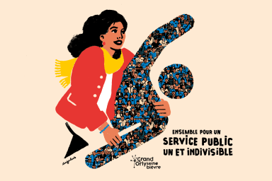 Dessin d'une femme prenant sous son bras un personnage représentant le service public en détresse