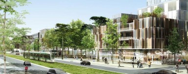 Vue d'architecte avec tram, route et piste cyclable, immeubles et verdure