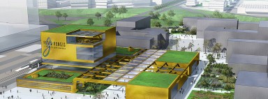 Vue d'architecte future cité, architecture dépouillée et angulaire