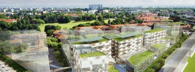 vue aérienne paysage futur quartier avec immeubles en transparence