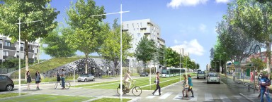vue d'architecte futur quartier avec ligne de tram espaces verts