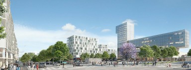 Vue d'ensemble futur quartier avec gare et place ombragée
