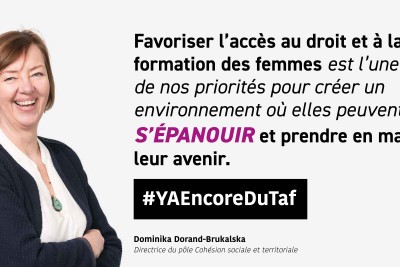 Portrait de notre directrice cohésion sociale et territoriale, accompagné du texte : "Favoriser l'accès au droit et à la formation des femmes est une priorité pour créer un environnement dans lequel elle peuvent s'épanouir et np rendre en main leur avenir" - Agrandir l'image 2 sur 6, fenêtre modale
