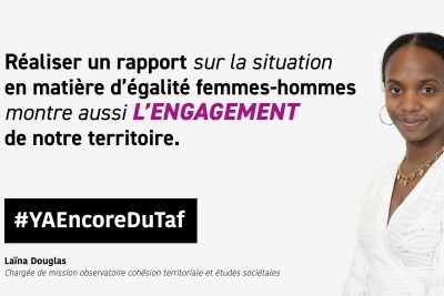 Portrait d'une chargée de mission à la cohésion sociale et aux études sociétales, accompagné du texte : "Réaliser un rapport sur la situation de l'égalité femmes-hommes dans notre administration montre notre engagement" - Agrandir l'image 4 sur 6, fenêtre modale