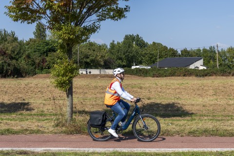une personne à vélo sur une route bordée d'espaces verts