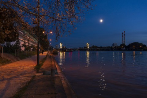 En fond les cheminées et le pont du Port-à-l'Anglais au premier plan les berges de Seine