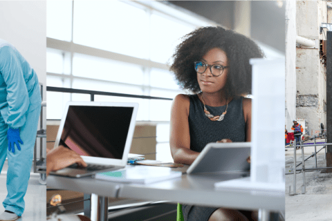 Différentes personnes sur leurs lieux de travail, en labo, en bureau et en chantier