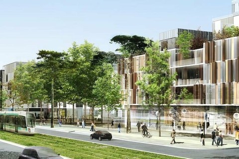 Vue d'architecte avec tram, route et piste cyclable, immeubles et verdure