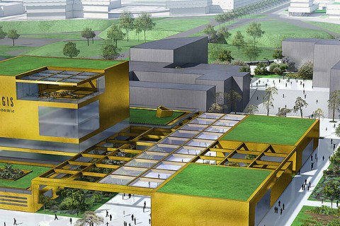 Vue d'architecte future cité, architecture dépouillée et angulaire