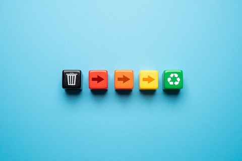 5 cubes alignés : le 1er noir avec un logo poubelle, les 3 suivants avec des flèches et un dégradé du rouge au jaune en passant par l'orange, et pour finir 1 cube vert avec logo recyclage