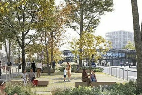 Vue d'architecte place ombragée où flânent des habitants de tous âges, immeubles en fond