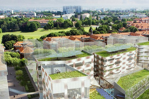 vue aérienne paysage futur quartier avec immeubles en transparence