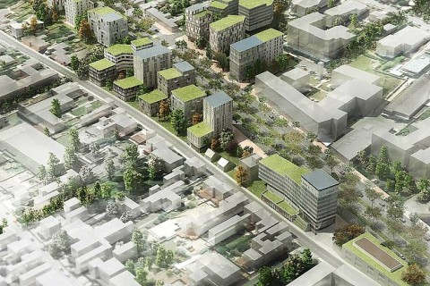 Vue d'architecte aérienne quartier avec immeubles à dominante verte