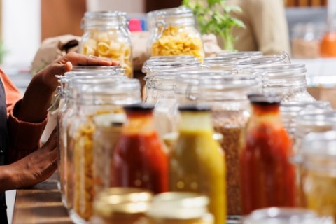 Une jeune femme souriante debout à côté d'une étagère en bois remplie de récipients en verre de nourriture en vrac