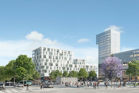 Vue d'ensemble futur quartier avec gare et place ombragée