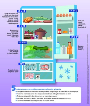 Un réfrigérateur ouvert avec des zones et les températures et produits correspondants - Agrandir l'image, fenêtre modale