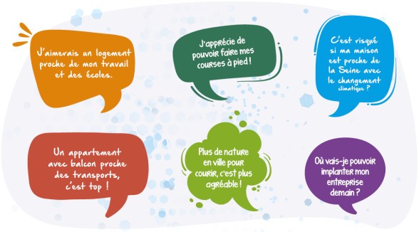 Des bulles de questions et affirmations d'usagers en lien avec l'urbanisme - Agrandir l'image, fenêtre modale