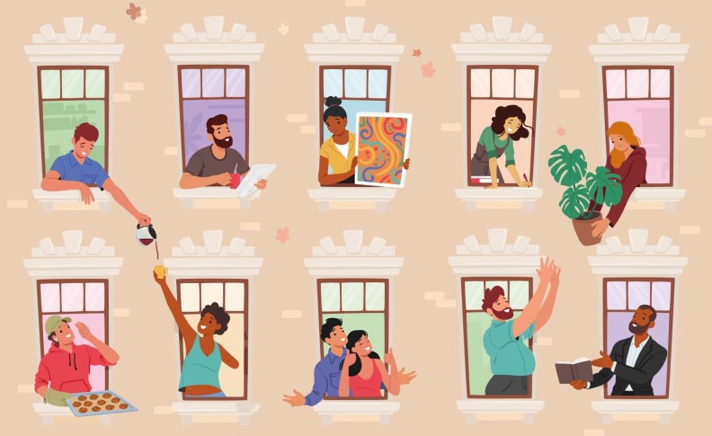 une façade d'immeuble avec des personnages à chaque fenêtre qui communiquent et s'entraident - Agrandir l'image, fenêtre modale