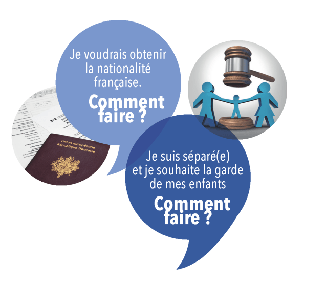 Bulles "Je voudrais obtenir la nationalité française, comment faire" et "je suis séparé(e) et je souhaite la garde de mes enfants, comment faire ?" - Agrandir l'image, fenêtre modale