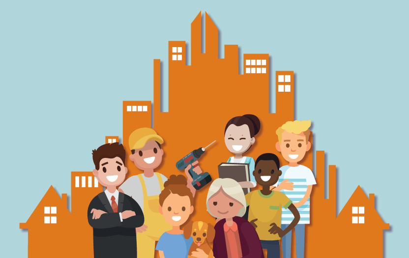 Des personnages des tous âges devant des silhouettes d'immeubles et maisons